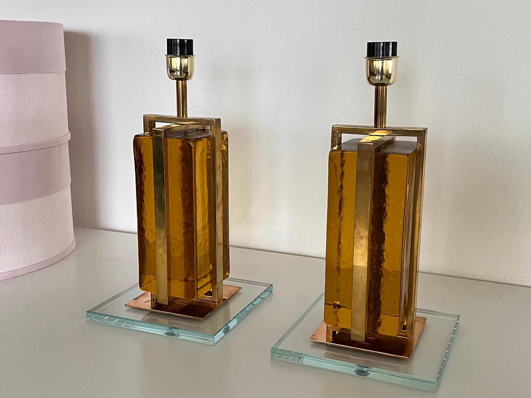 Murano Mordern Glass Block and Brass Table Lamps For Sale 3