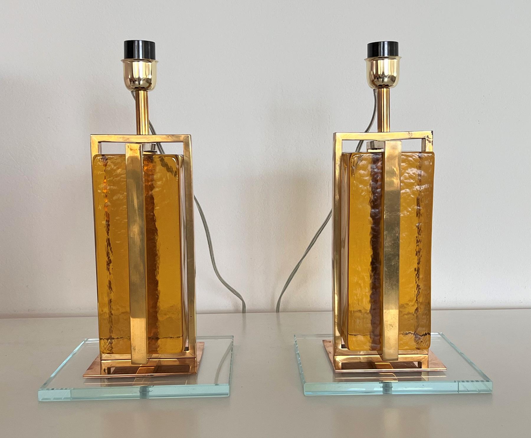 Murano Mordern Glass Block and Brass Table Lamps For Sale 7