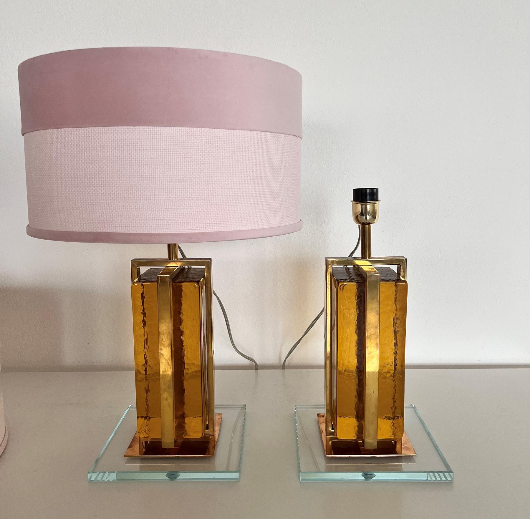 Murano Mordern Glass Block and Brass Table Lamps For Sale 8