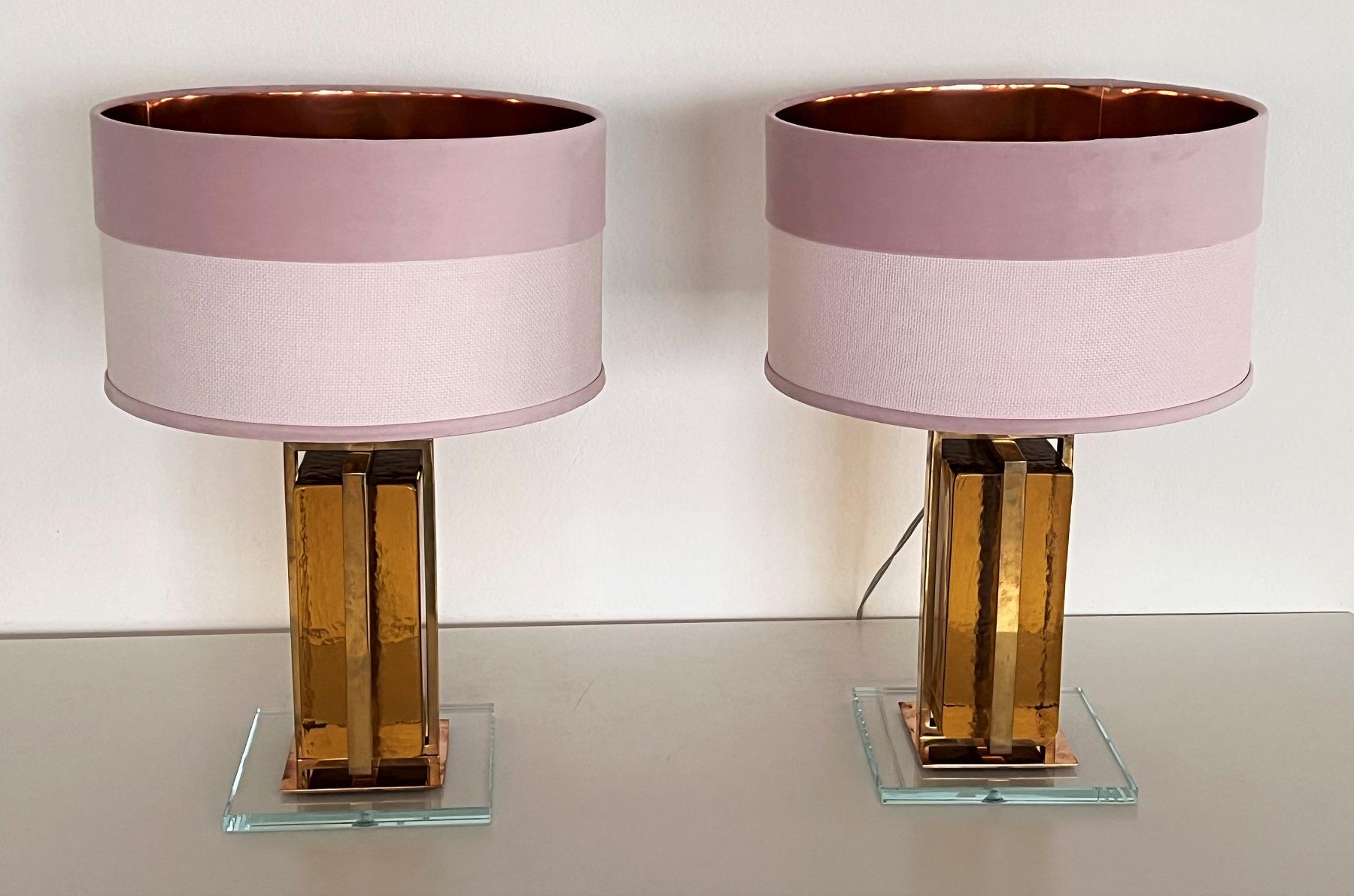 Italian Murano Mordern Glass Block and Brass Table Lamps For Sale