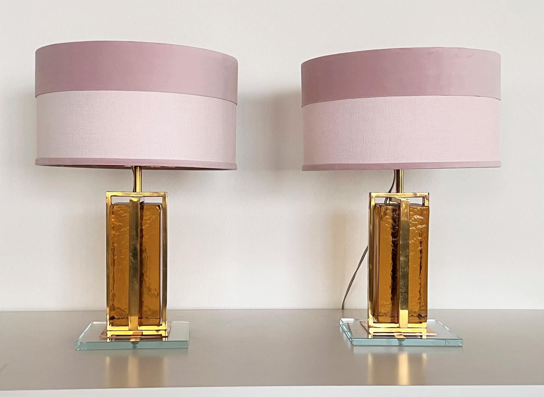 Hand-Crafted Murano Mordern Glass Block and Brass Table Lamps For Sale