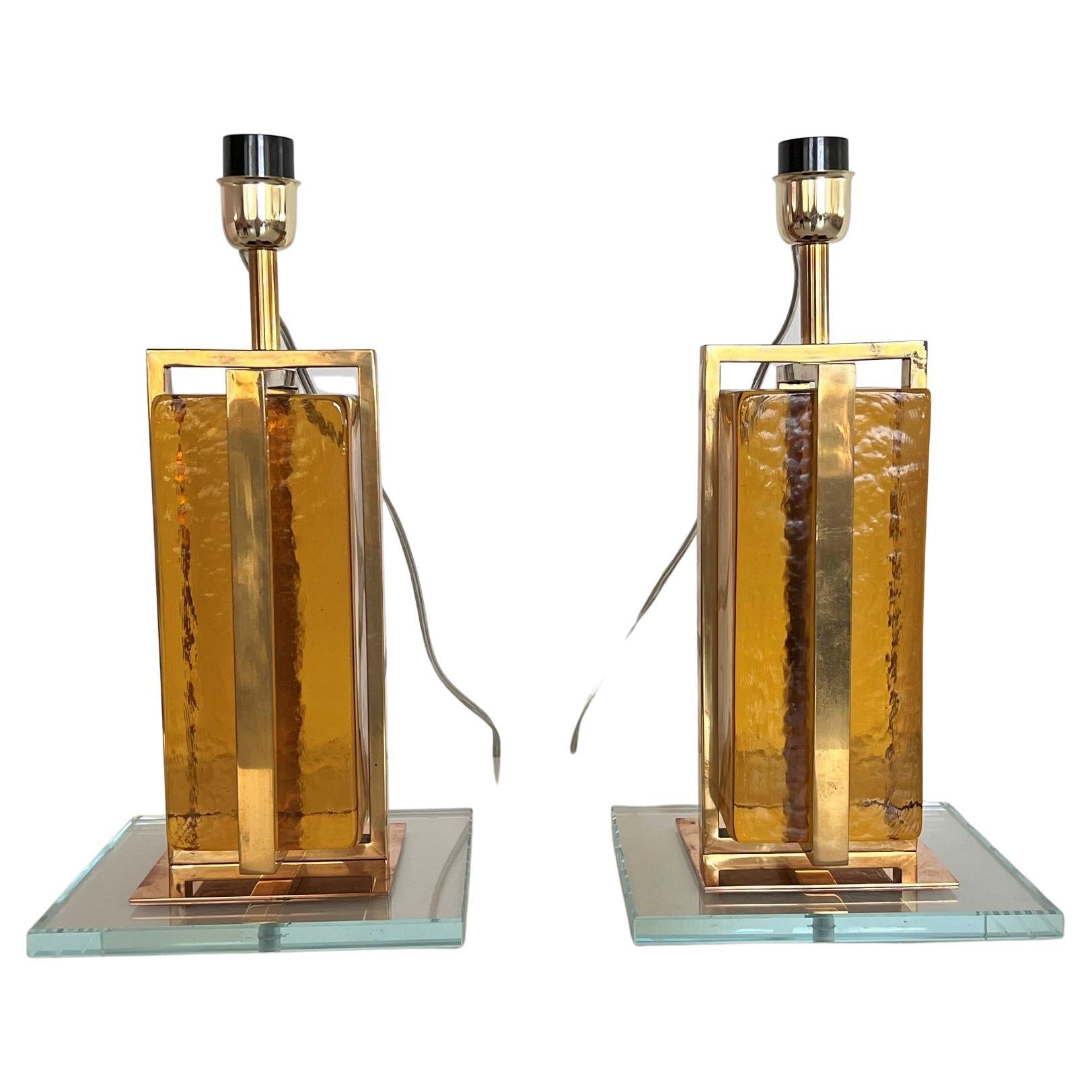 Murano Mordern Glass Block and Brass Table Lamps For Sale
