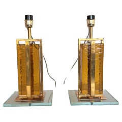 Used Murano Mordern Glass Block and Brass Table Lamps