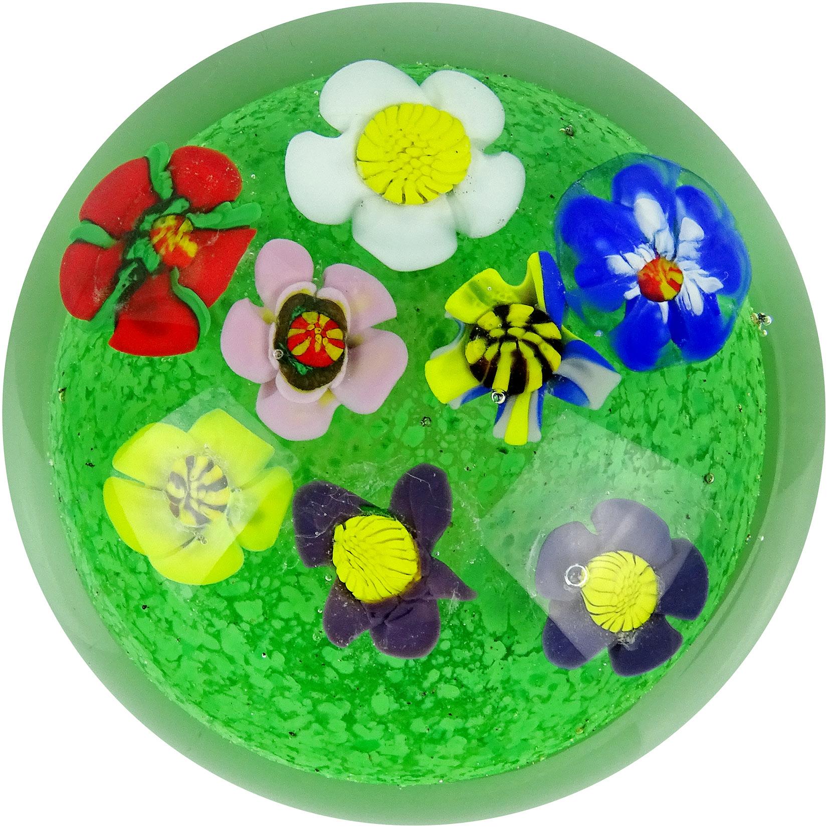 Mid-Century Modern Murano Multi-Color Millefiori Wild Flower Garden Italian Art Glass Paperweight