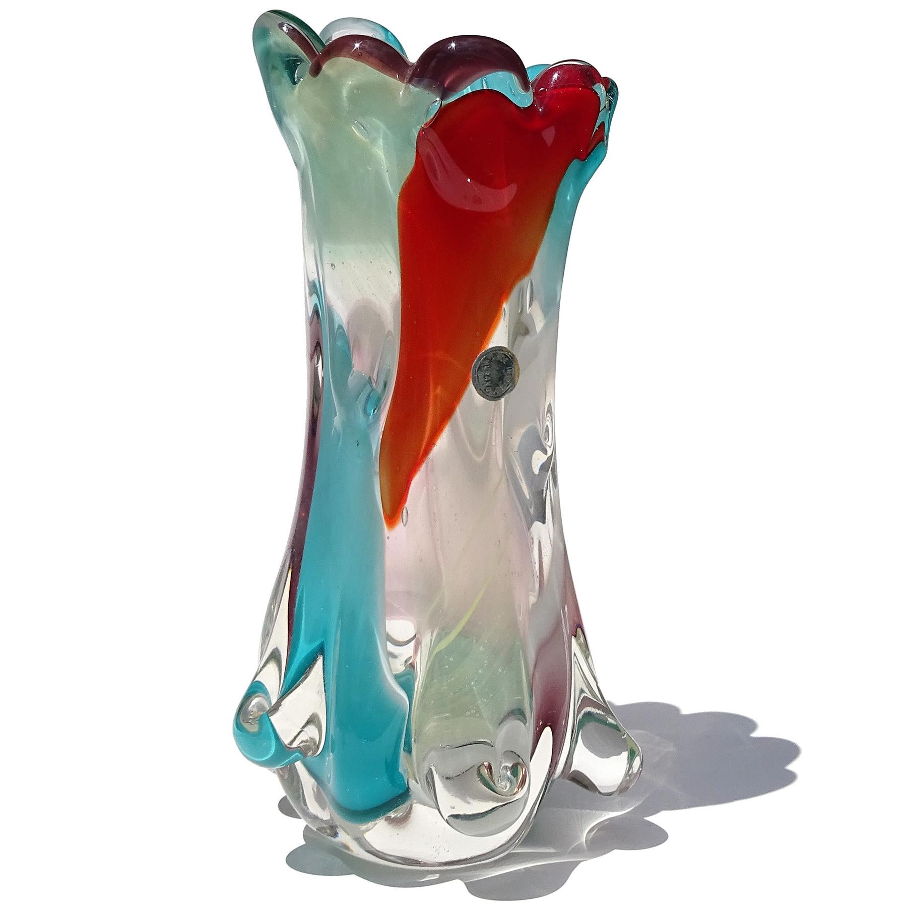 Murano Multi-Color Red Teal Baumstamm italienische Kunst Glas Blumenvase mit Label (Italienisch) im Angebot