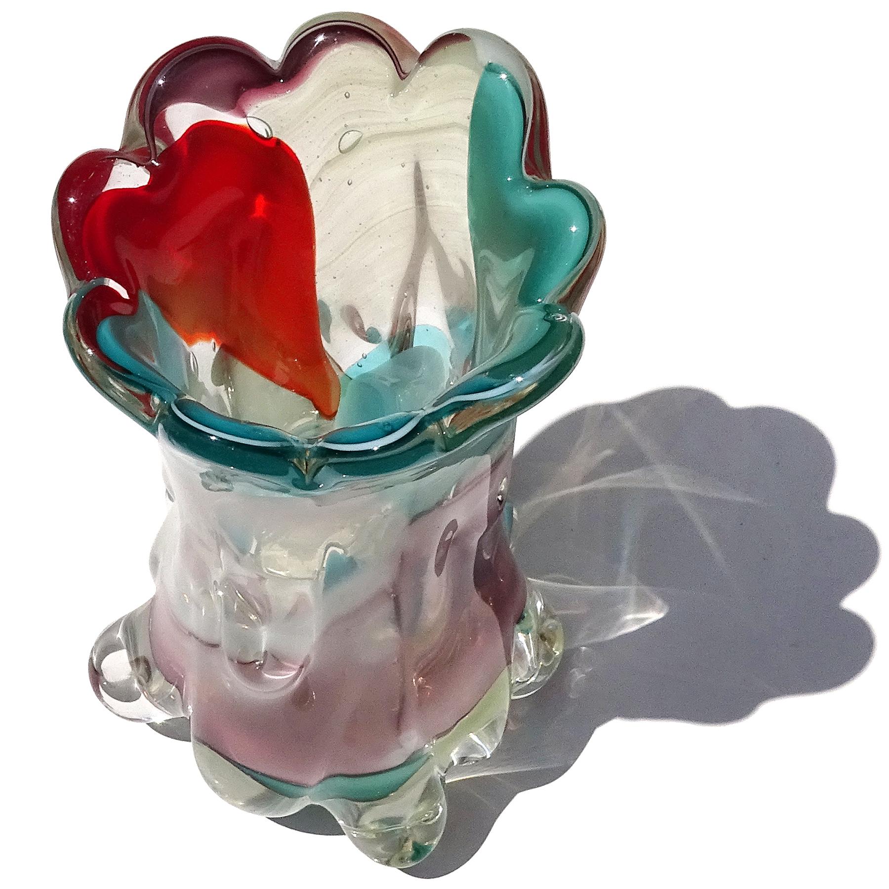 Murano Multi-Color Red Teal Baumstamm italienische Kunst Glas Blumenvase mit Label (Handgefertigt) im Angebot