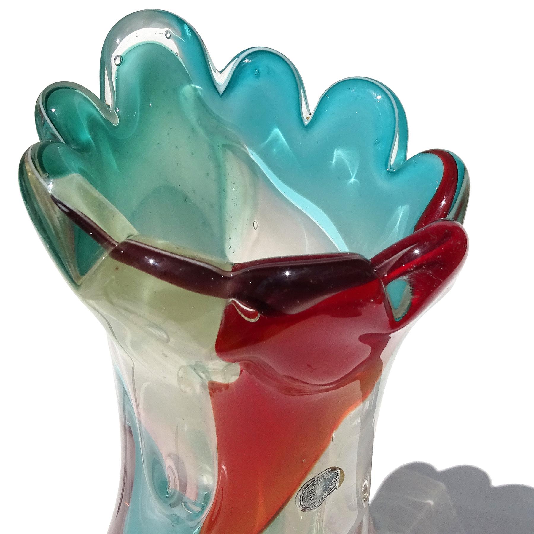 Murano Multi-Color Red Teal Baumstamm italienische Kunst Glas Blumenvase mit Label (20. Jahrhundert) im Angebot