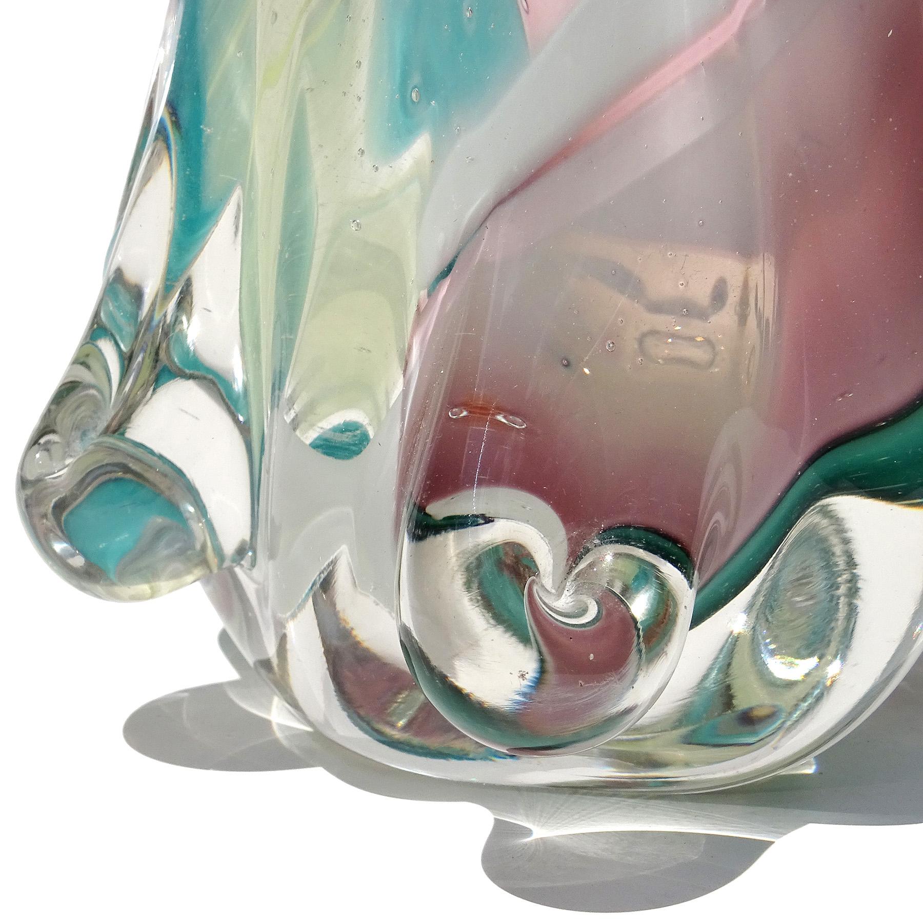 Murano Multi-Color Red Teal Baumstamm italienische Kunst Glas Blumenvase mit Label im Angebot 2