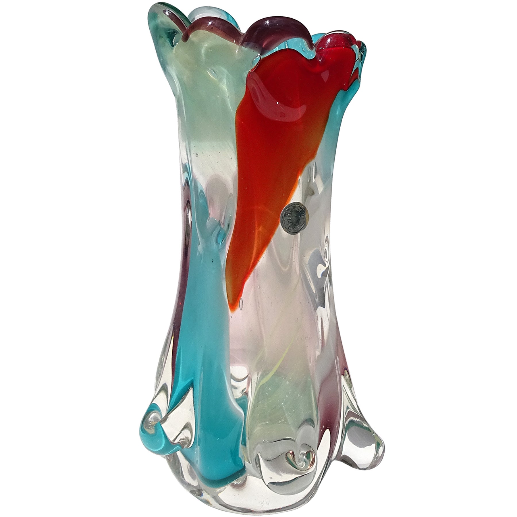 Murano Multi-Color Red Teal Baumstamm italienische Kunst Glas Blumenvase mit Label im Angebot