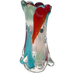 Murano Multi-Color Red Teal Tree Trunk Italian Art Glass Flower Vase with Label