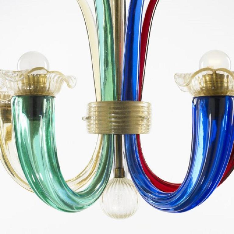 Murano multicolored chandelier by Gio Ponti for Venini. Murano, colorful glass, with gold flecks and brass trim.
 
 