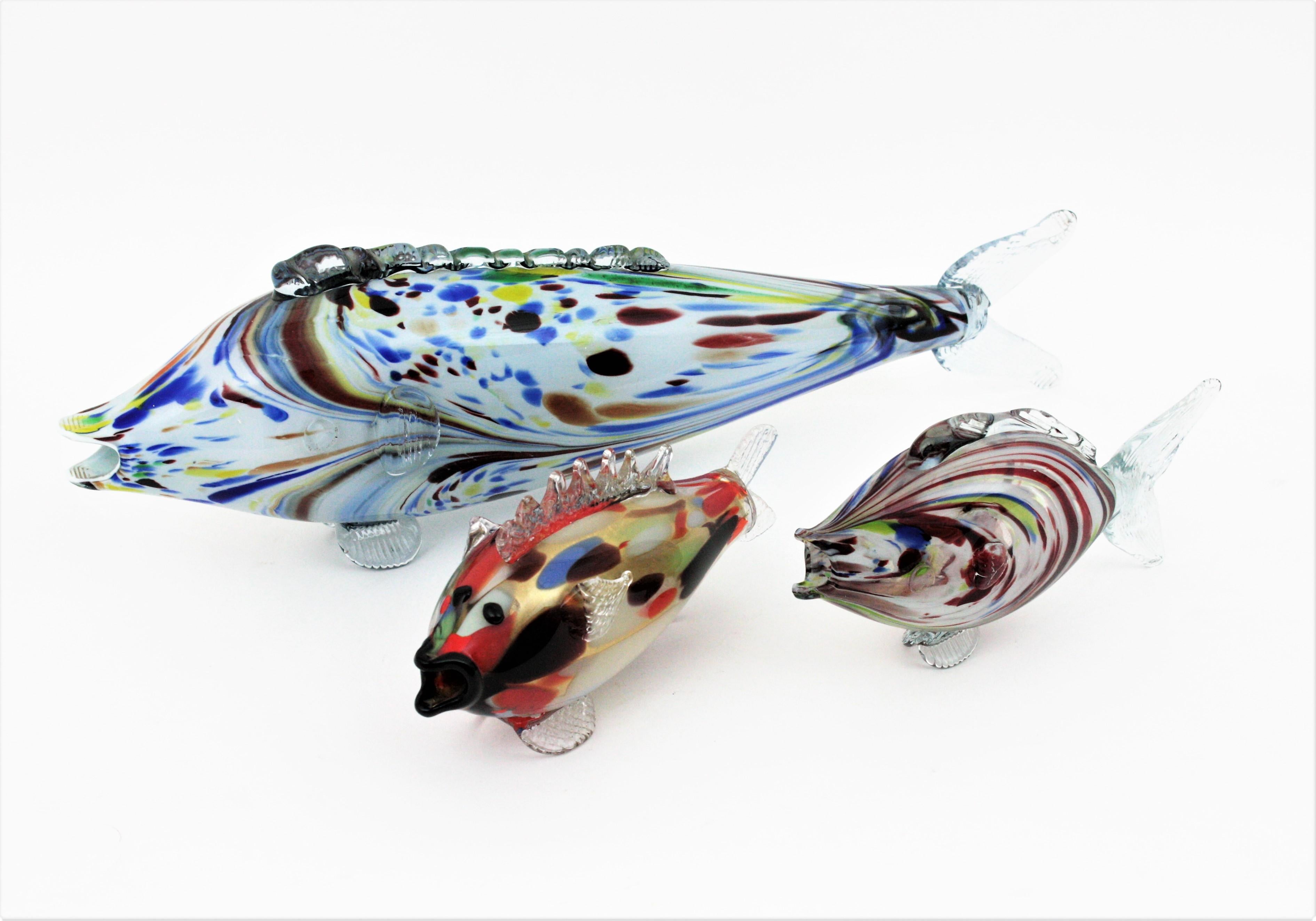 Hand-Crafted Murano Multicolor Gold Flecks Art Glass Fish Sculpure / Paperweight, 1950s For Sale