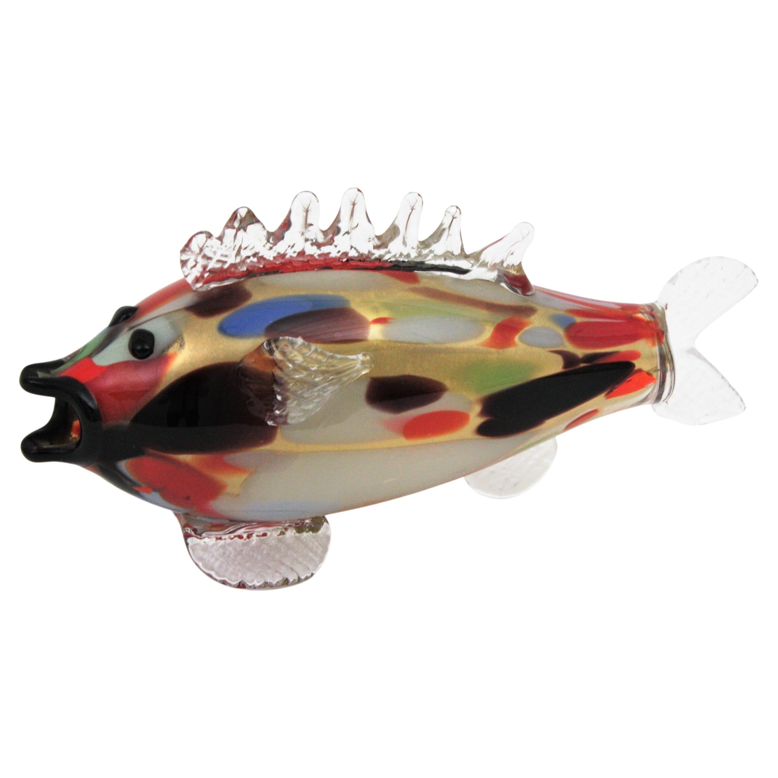 Murano Multicolor Gold Flecks Art Glass Fish Sculpure / Paperweight, 1950s