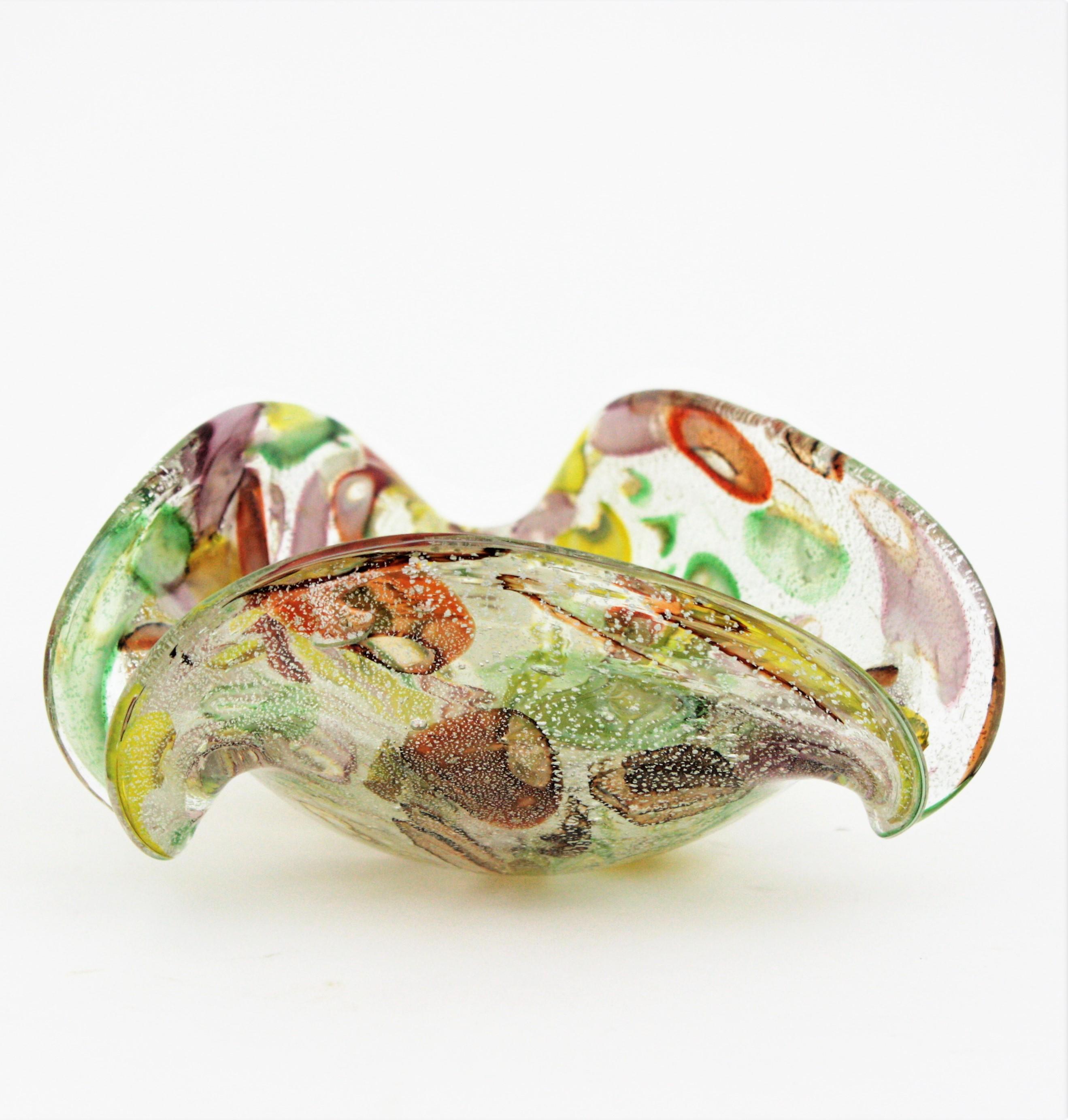 Murano Multicolor Murrine Silver Flecks Art Glass Bowl, 1950s For Sale 8