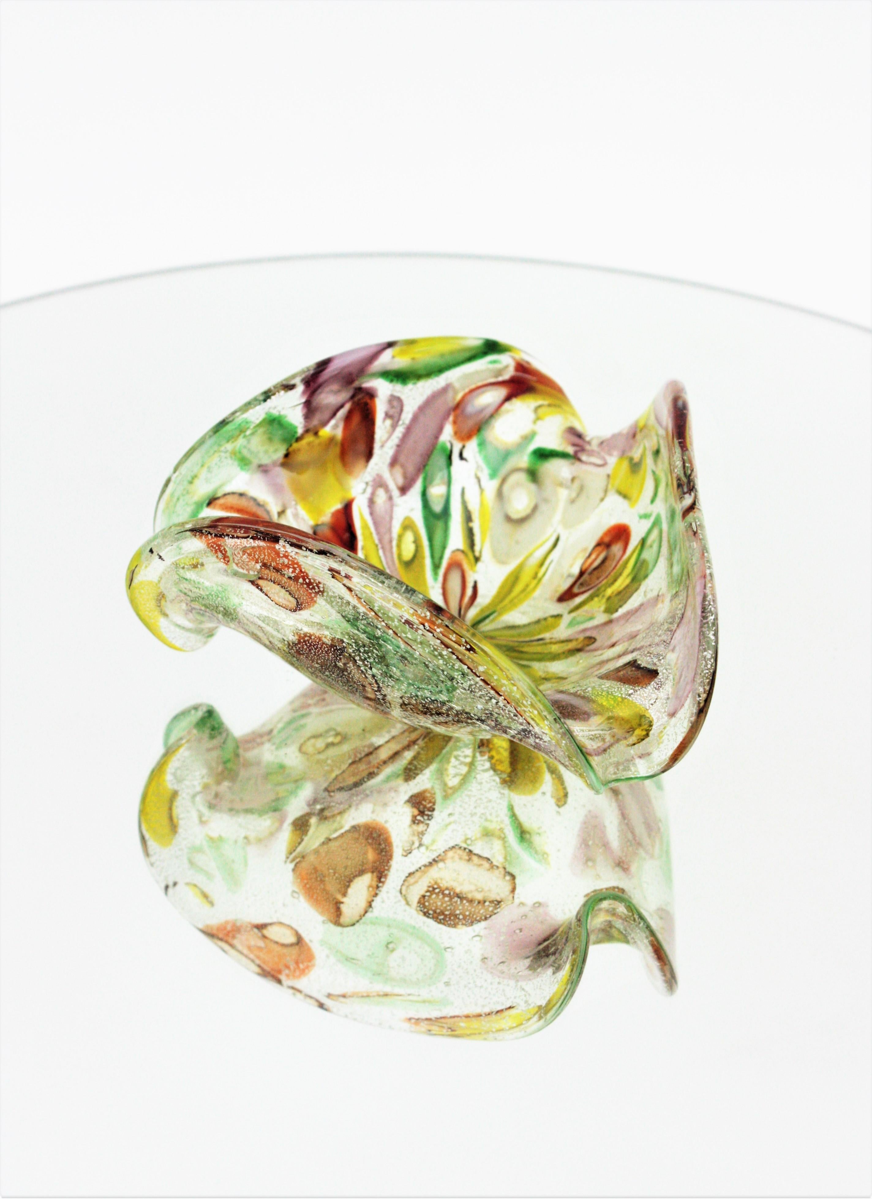 Italian Murano Multicolor Murrine Silver Flecks Art Glass Bowl, 1950s For Sale