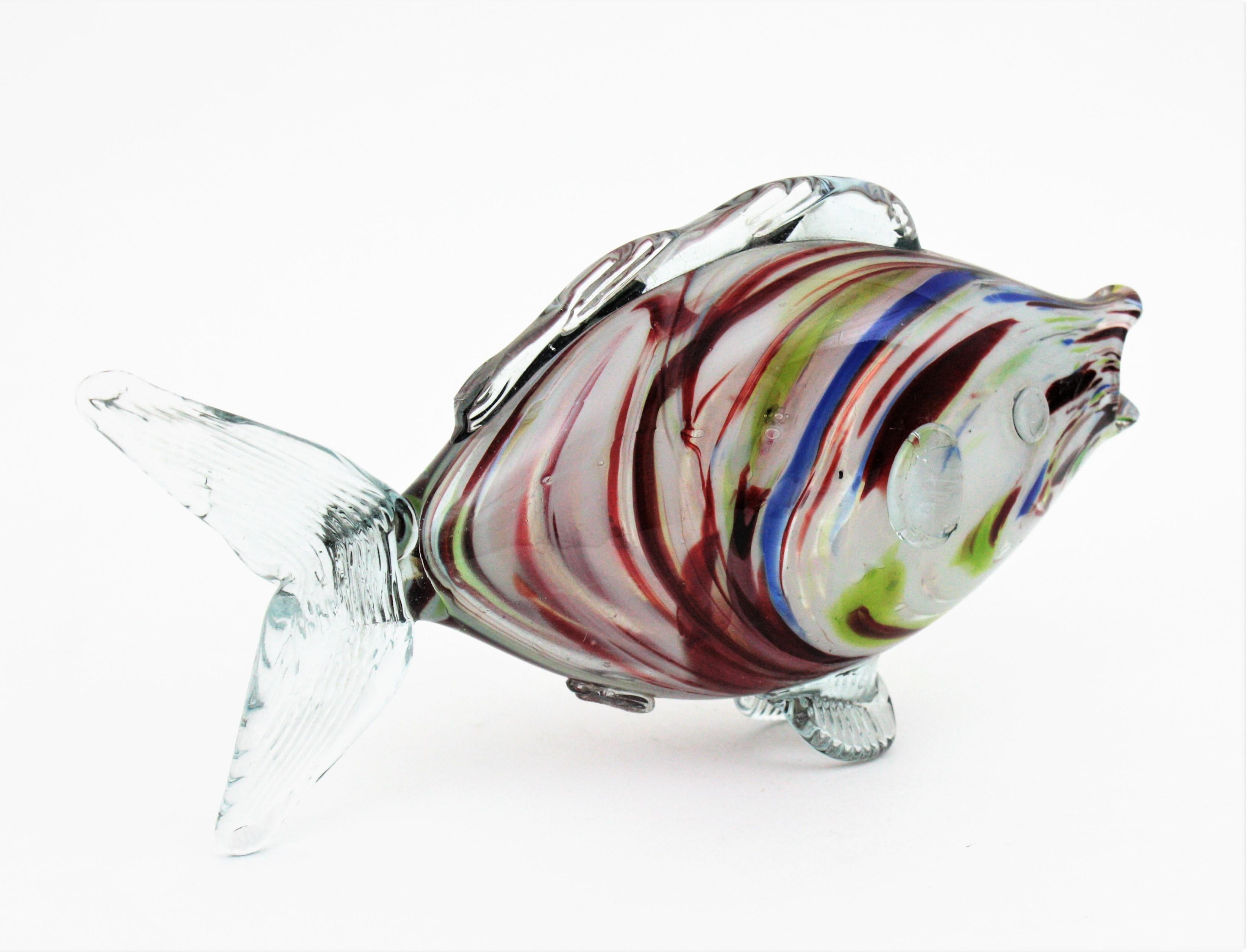 20th Century Murano Multicolor Striped Art Glass Fish Sculpure, 1950s For Sale
