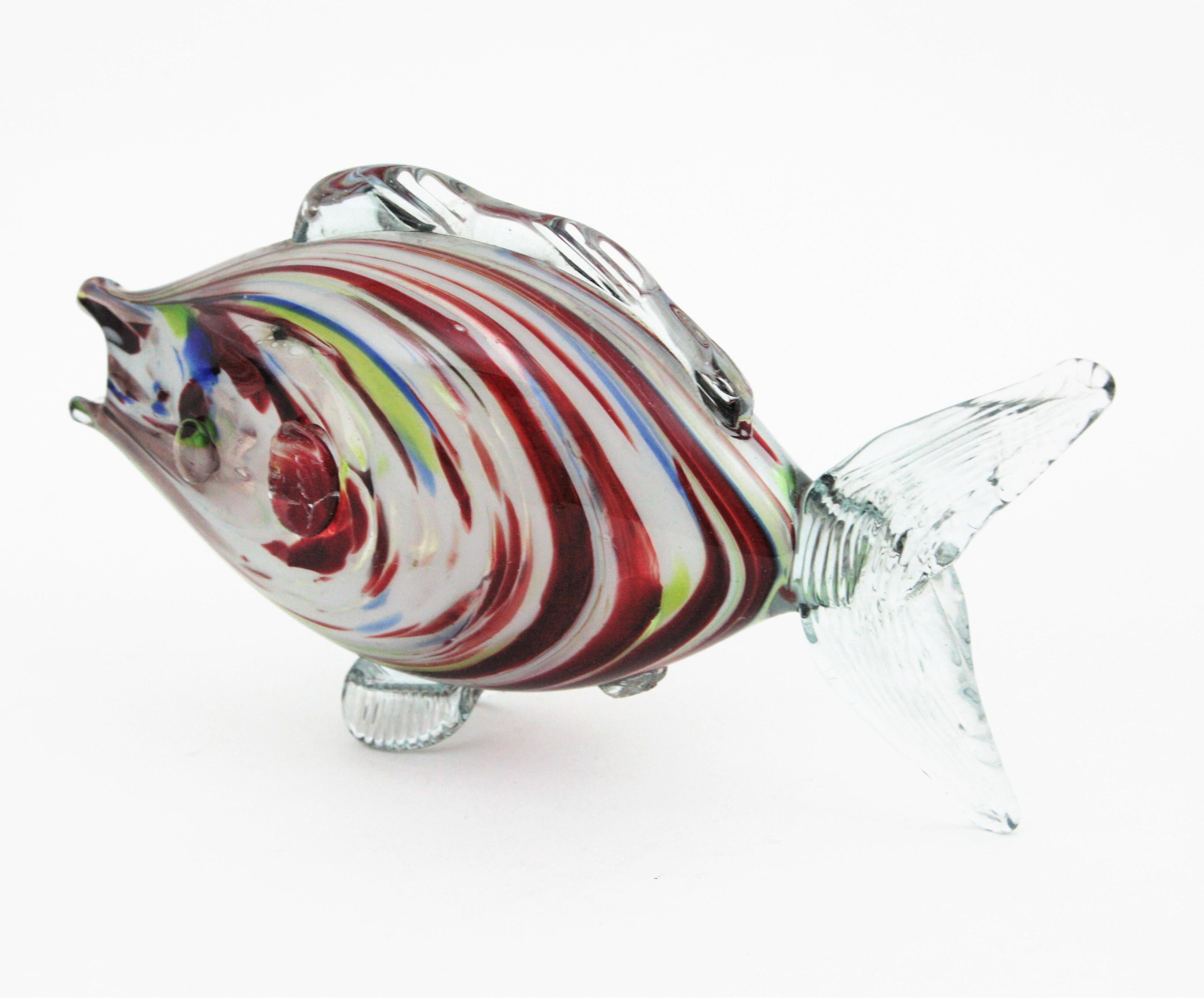 Murano Multicolor Striped Art Glass Fish Sculpure, 1950s For Sale 1