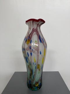 Murano Multicolored Art Glass Vase with Aventurine and a Wavy Red Rim