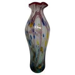 Murano Multicolored Art Glass Vase with Aventurine and a Wavy Red Rim