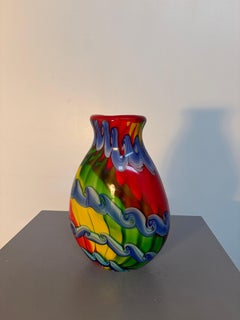 Murano Multicolored Art Glass Vase with Swirl Wave Design