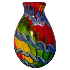 Murano Multicolored Art Glass Vase with Swirl Wave Design