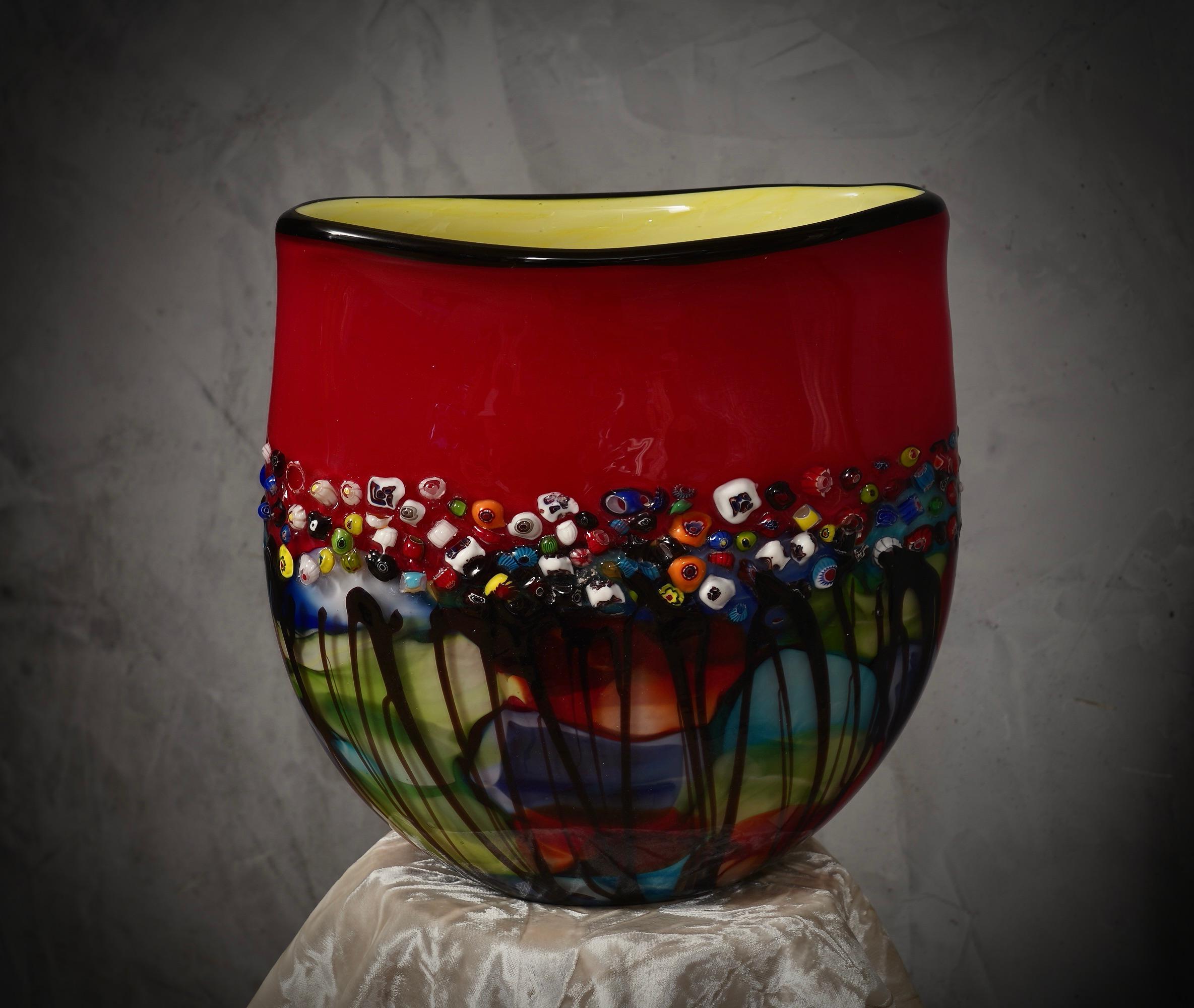 Murano Glass Murano Murrina Art Glass Mid-Century Glass Vase, 1980 For Sale