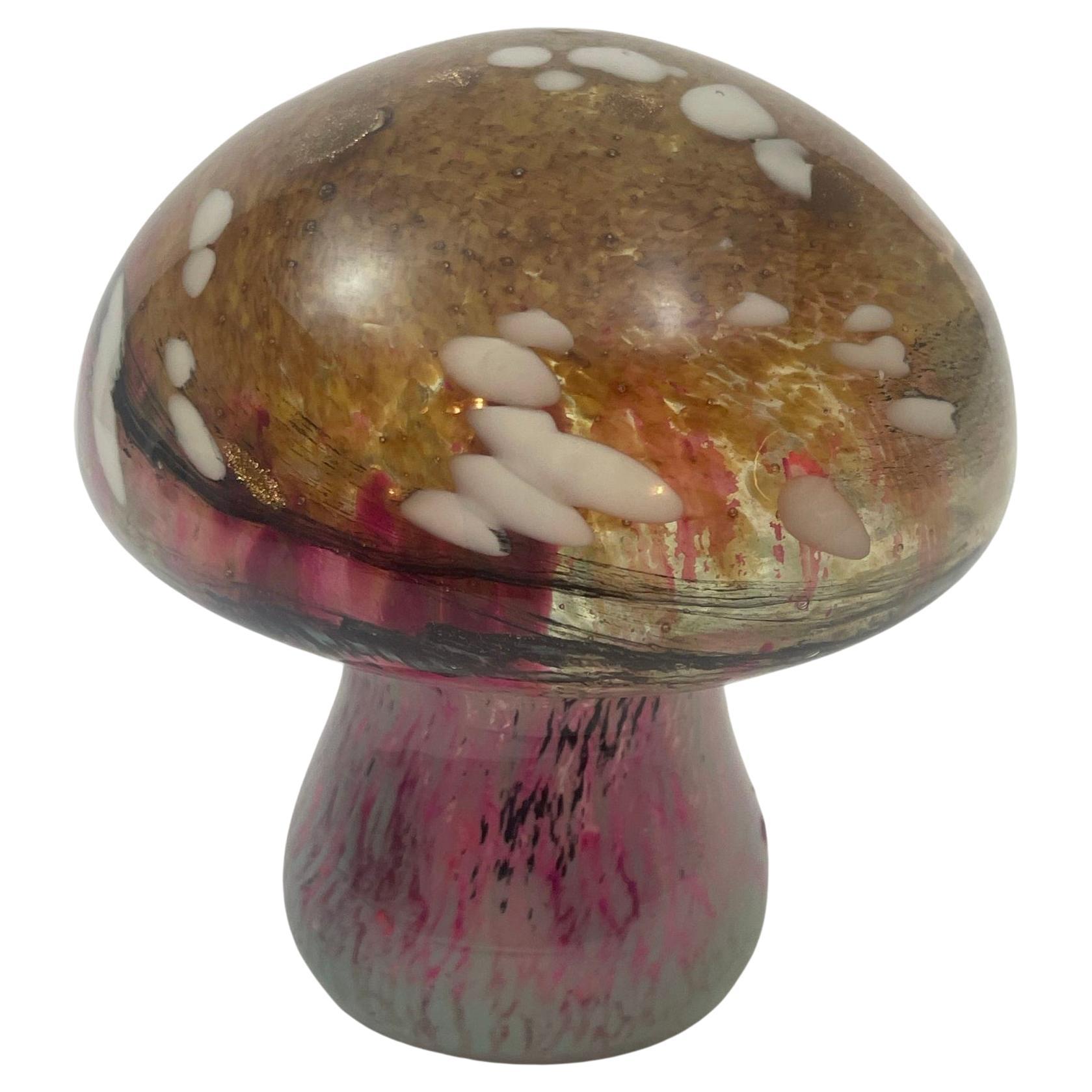 Murano Mushroom Toadstool Art Glass Paperweight Green Gold and Pink 1980s