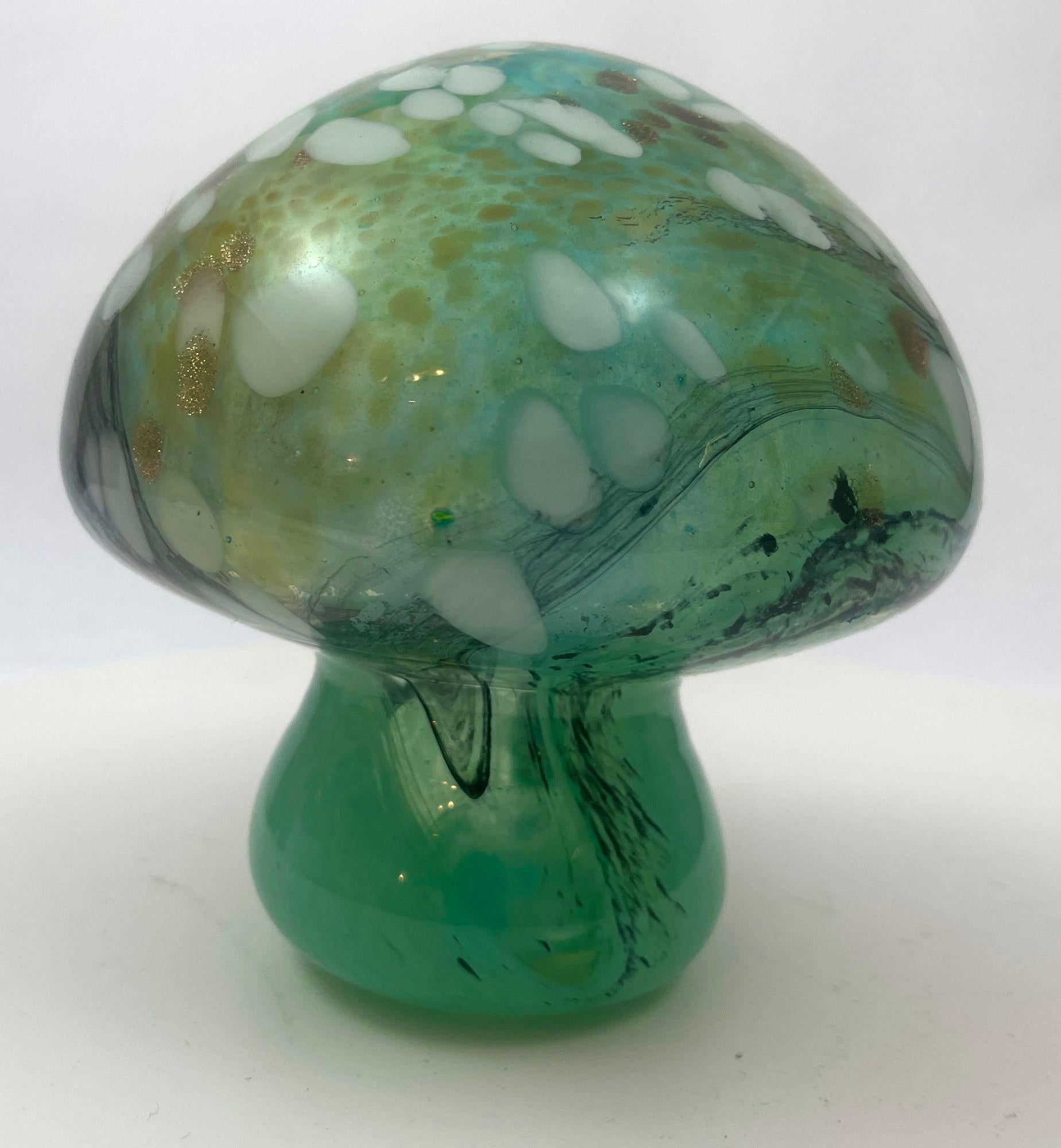 Italian Murano Mushroom Toadstool Paperweight Art Glass Blue Green and Gold 1980s