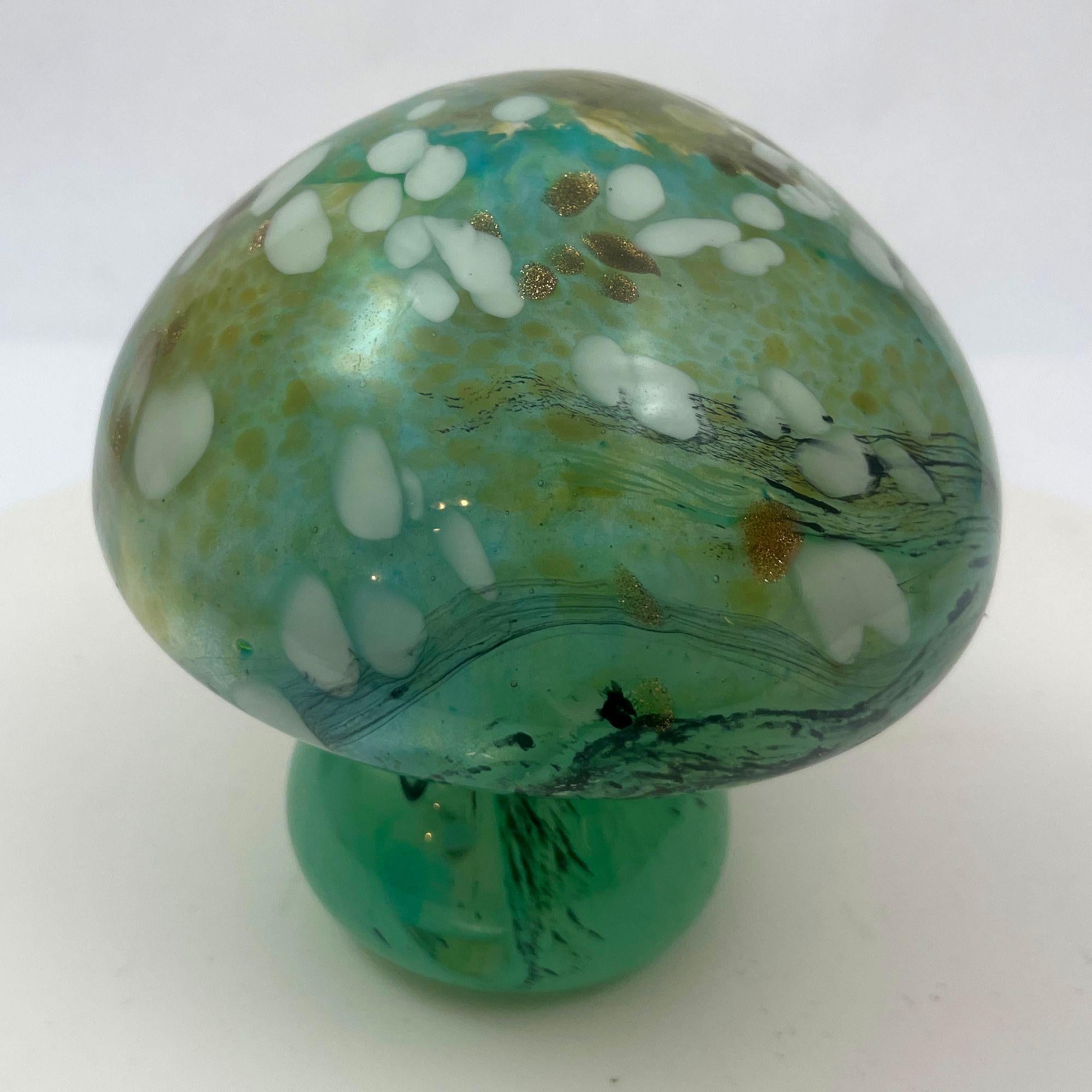 Hand-Crafted Murano Mushroom Toadstool Paperweight Art Glass Blue Green and Gold 1980s