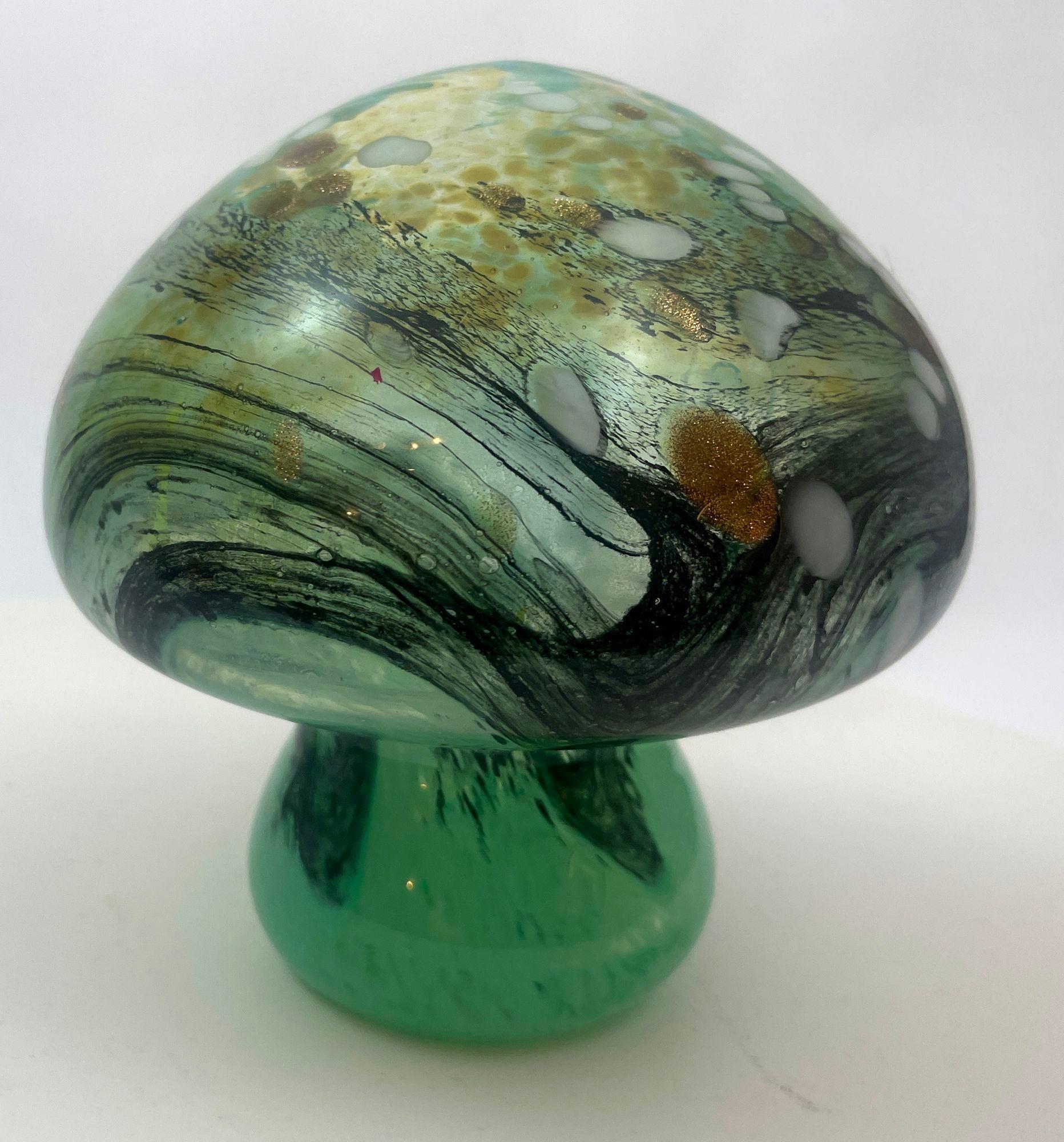 20th Century Murano Mushroom Toadstool Paperweight Art Glass Blue Green and Gold 1980s
