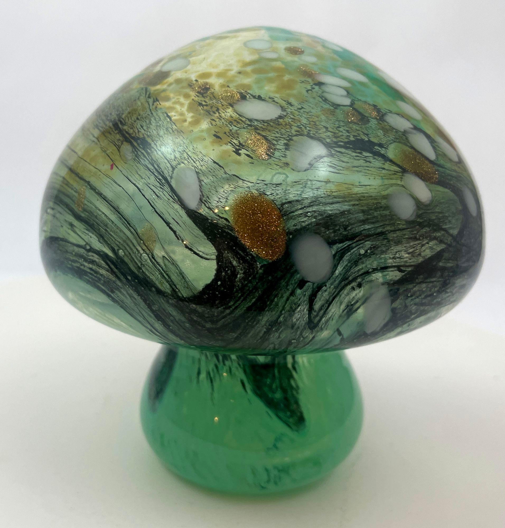 Murano Mushroom Toadstool Paperweight Art Glass Blue Green and Gold 1980s 1