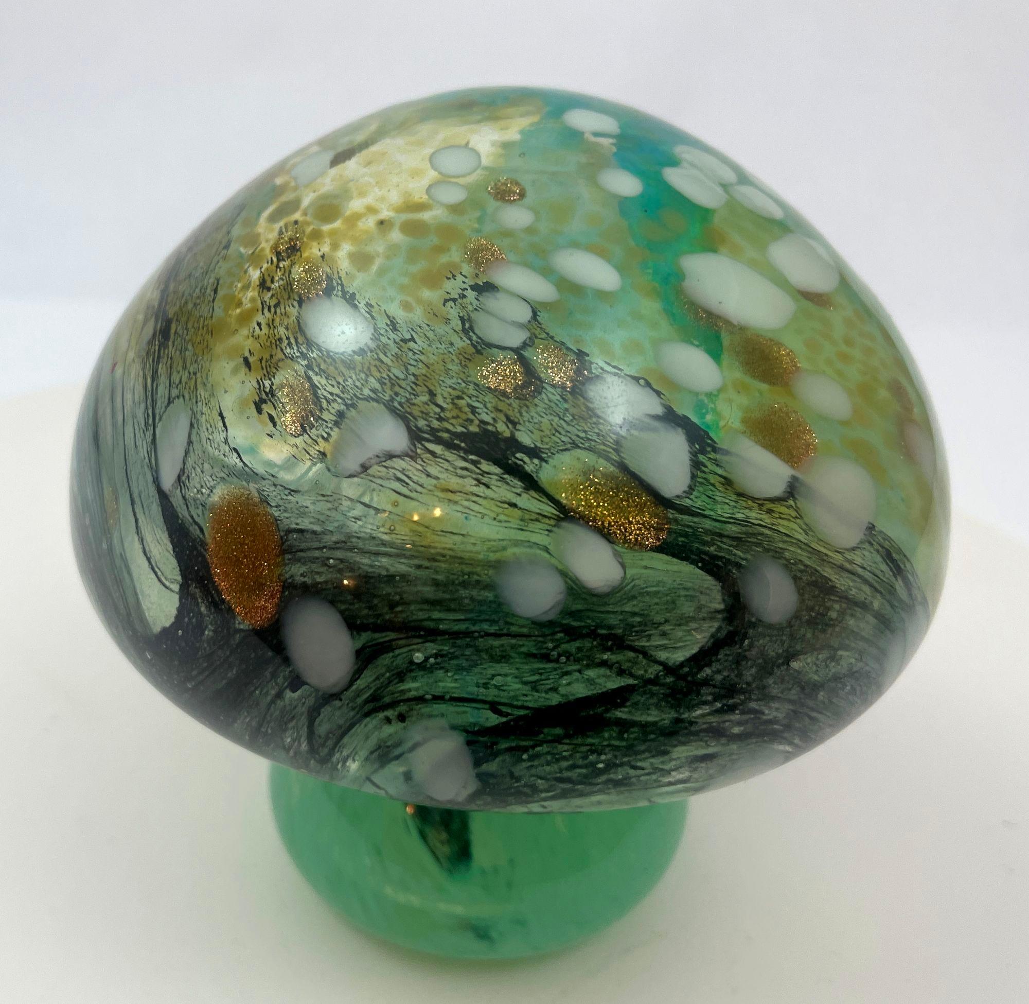 Murano Mushroom Toadstool Paperweight Art Glass Blue Green and Gold 1980s 2