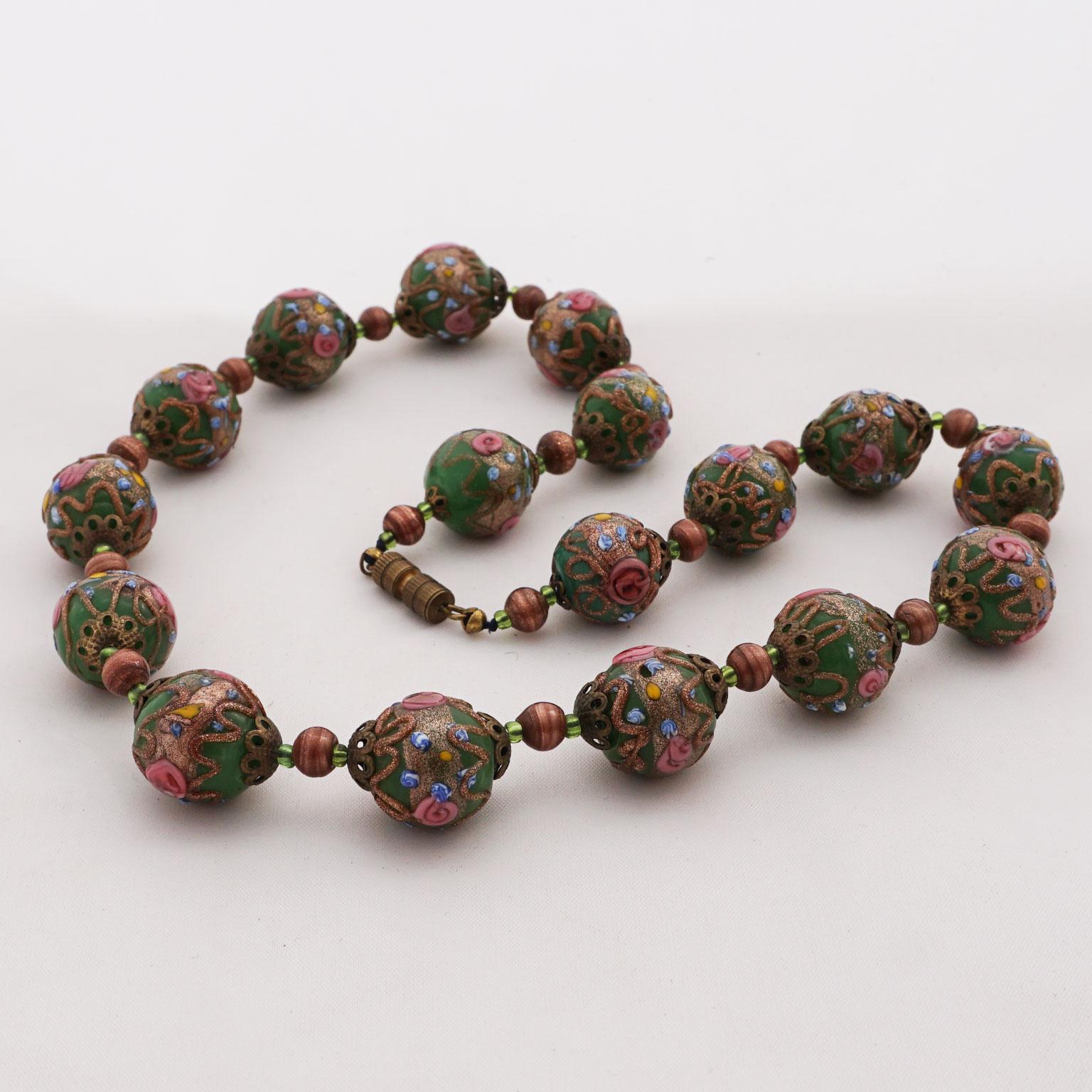 Vintage Art Deco Venetian Murano Millefiori Art Glass Beads Necklace
