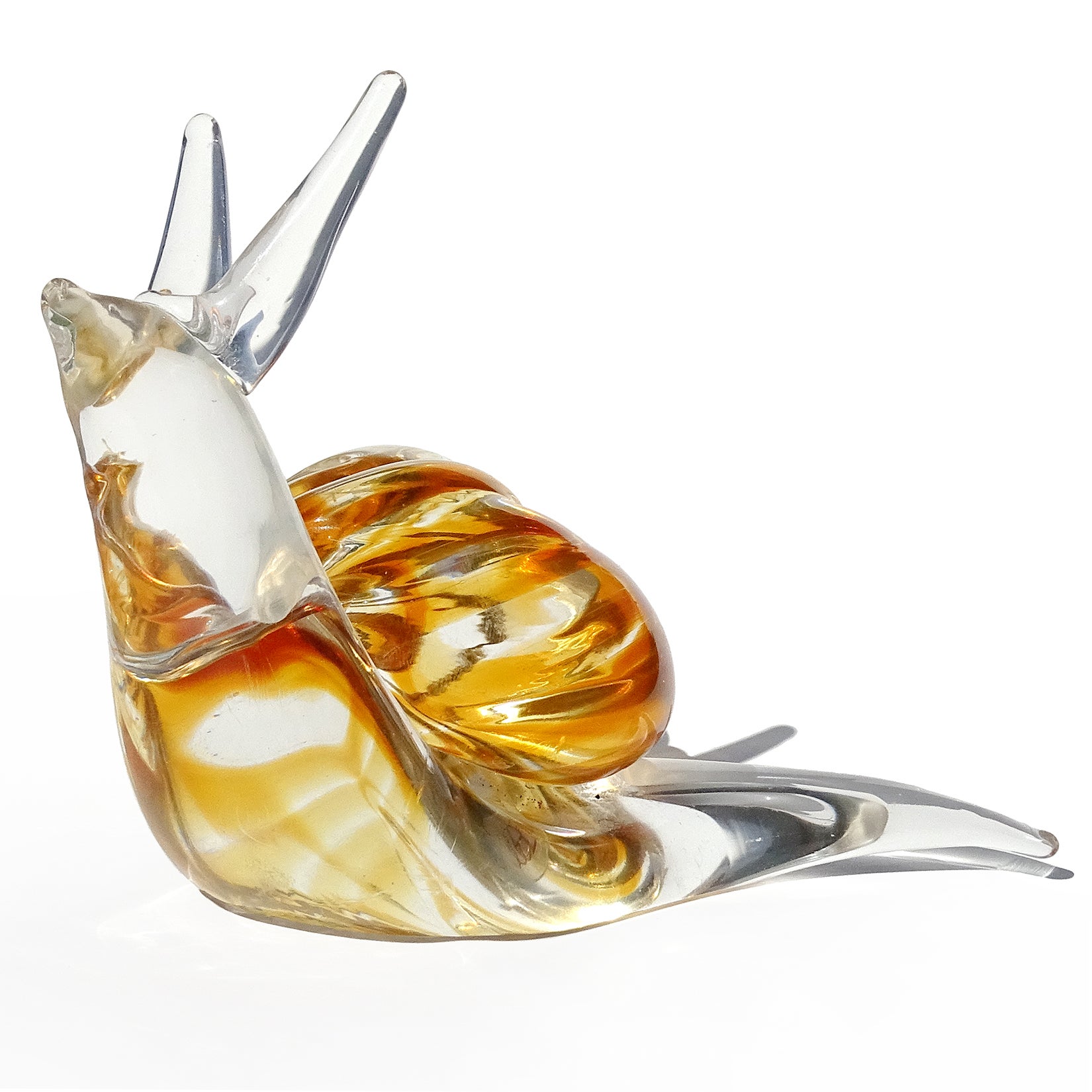 Priced per item (2 emails available). Beautiful, vintage Murano clear glass and orange swirl seashell Italian art glass snail sculpture / paperweight. One of the snails has an original Oggetti label underneath. Would make a great display piece on