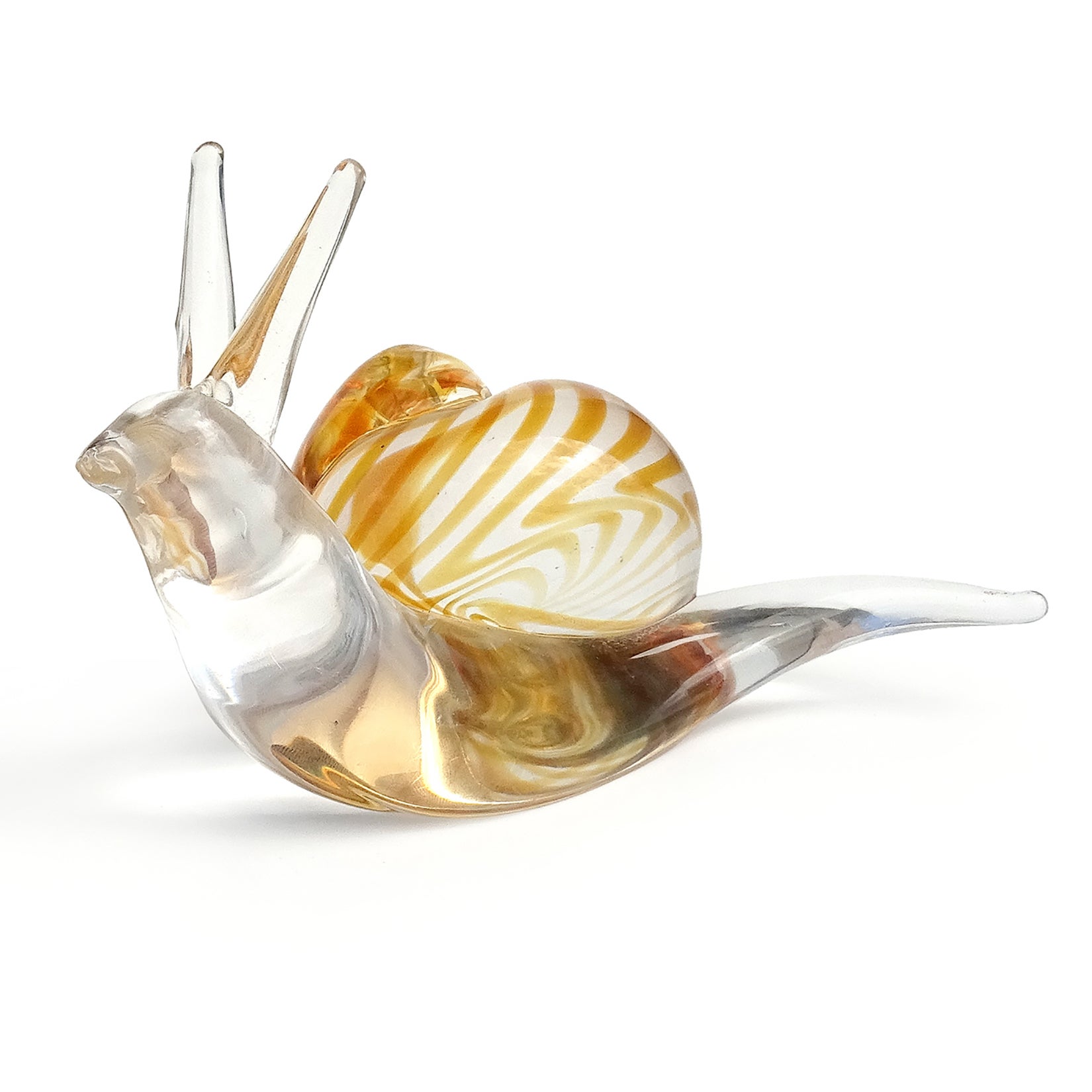 Beautiful, vintage Murano clear glass and orange swirl seashell Italian art glass snail sculpture / paperweight. Created in the manner of the Salviati company, and documented to the Oggetti company. The snail is super realistic, with a long neck and