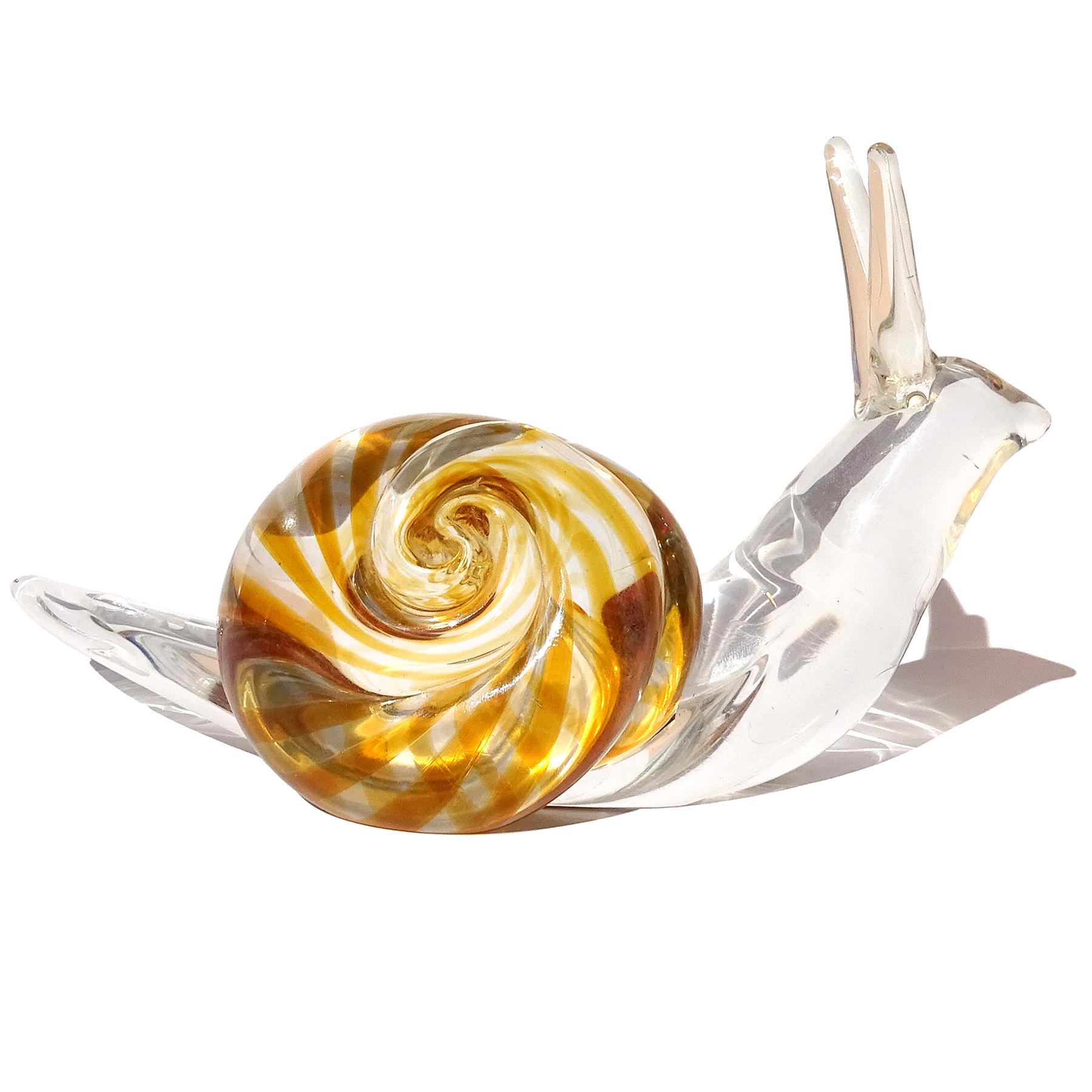 Murano Oggetti Clear Orange Swirl Seashell Italian Art Glass Snail Sculpture In Good Condition For Sale In Kissimmee, FL