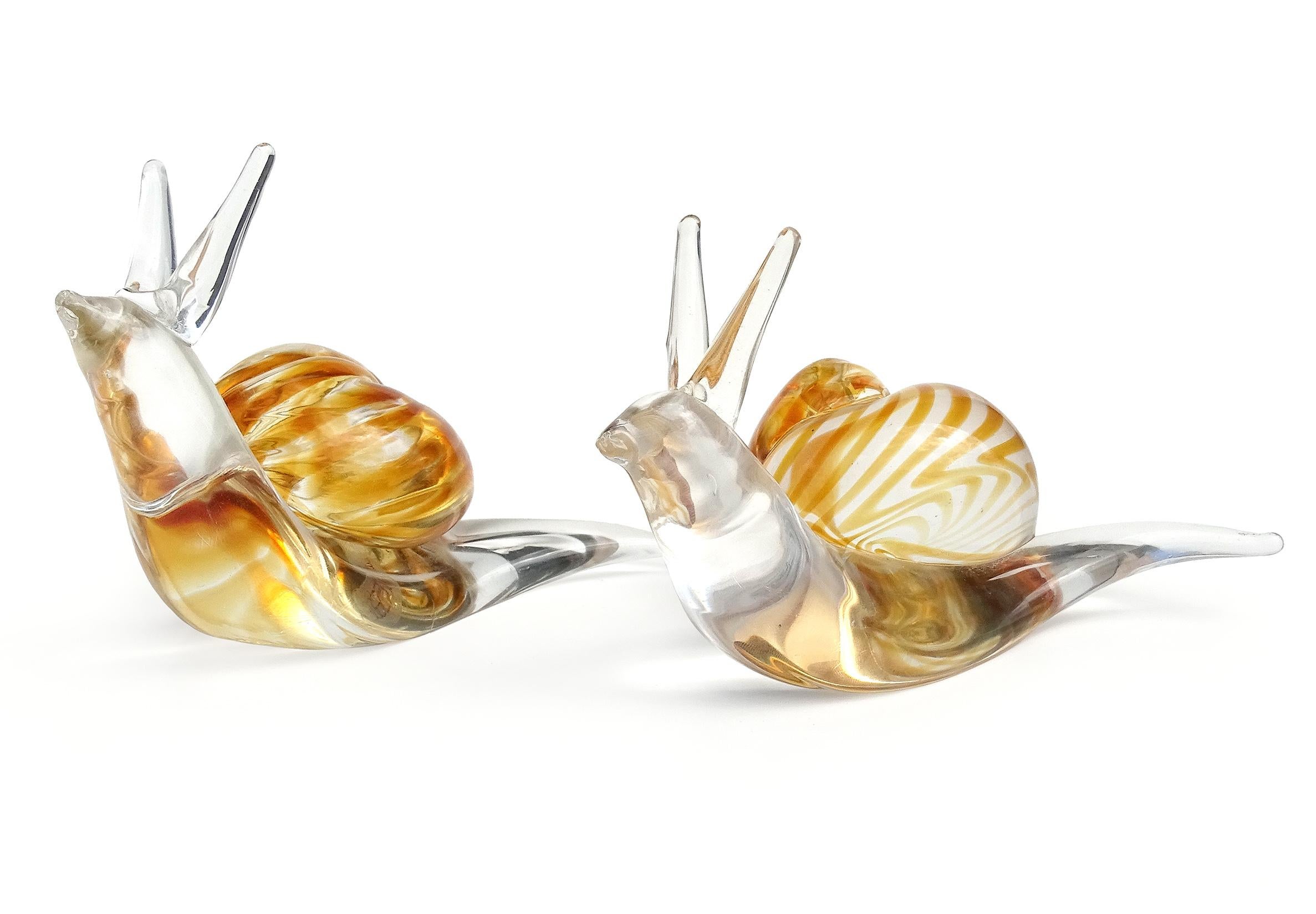 Hand-Crafted Murano Oggetti Clear Orange Swirl Seashell Italian Art Glass Snail Sculpture