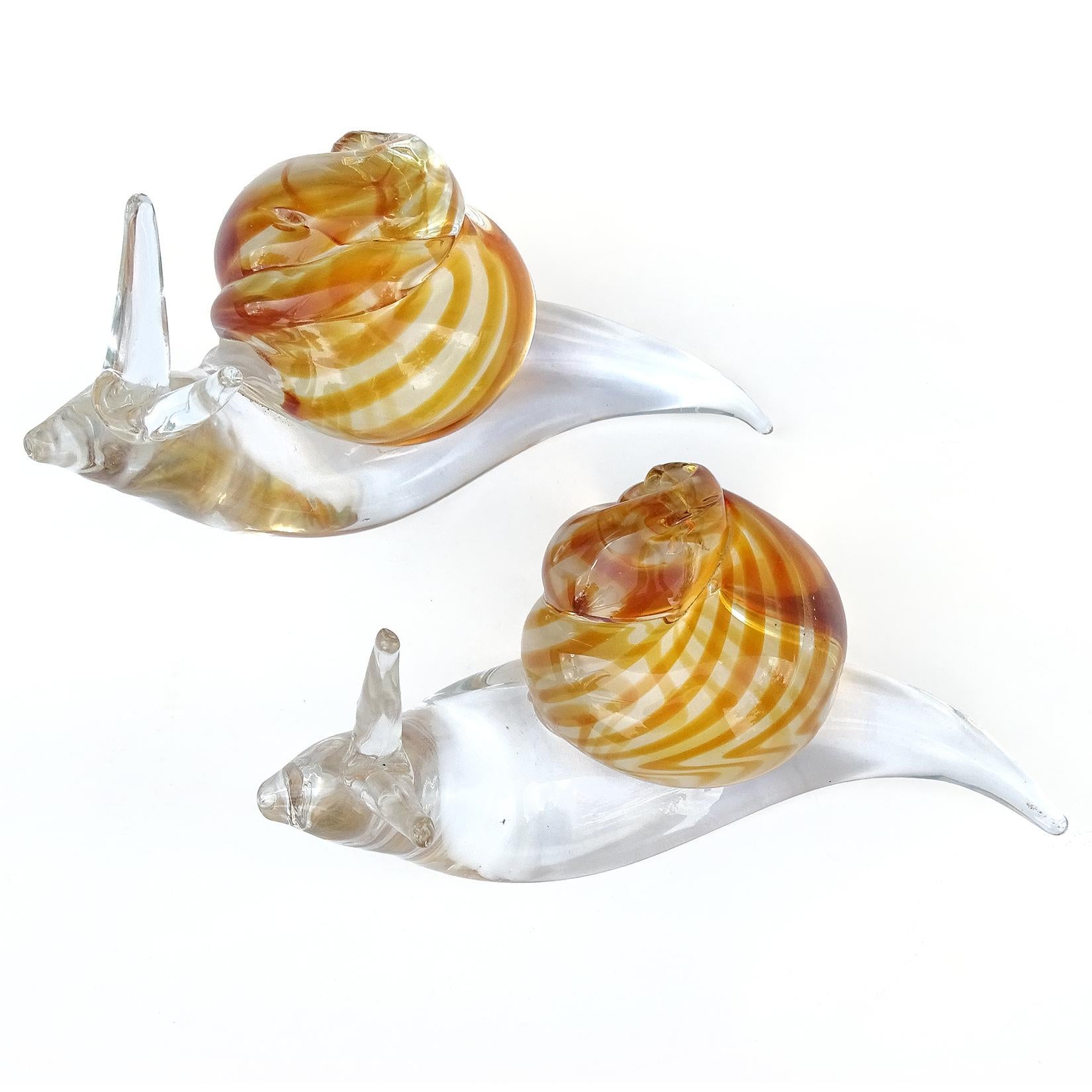 Murano Oggetti Clear Orange Swirl Seashell Italian Art Glass Snail Sculpture In Good Condition In Kissimmee, FL