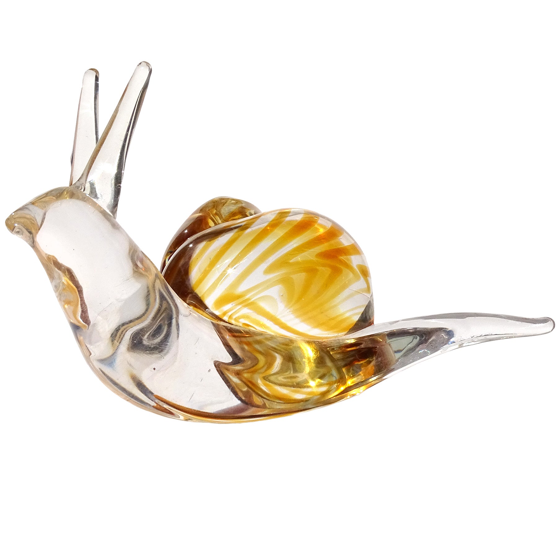 Murano Oggetti Clear Orange Swirl Seashell Italian Art Glass Snail Sculpture For Sale