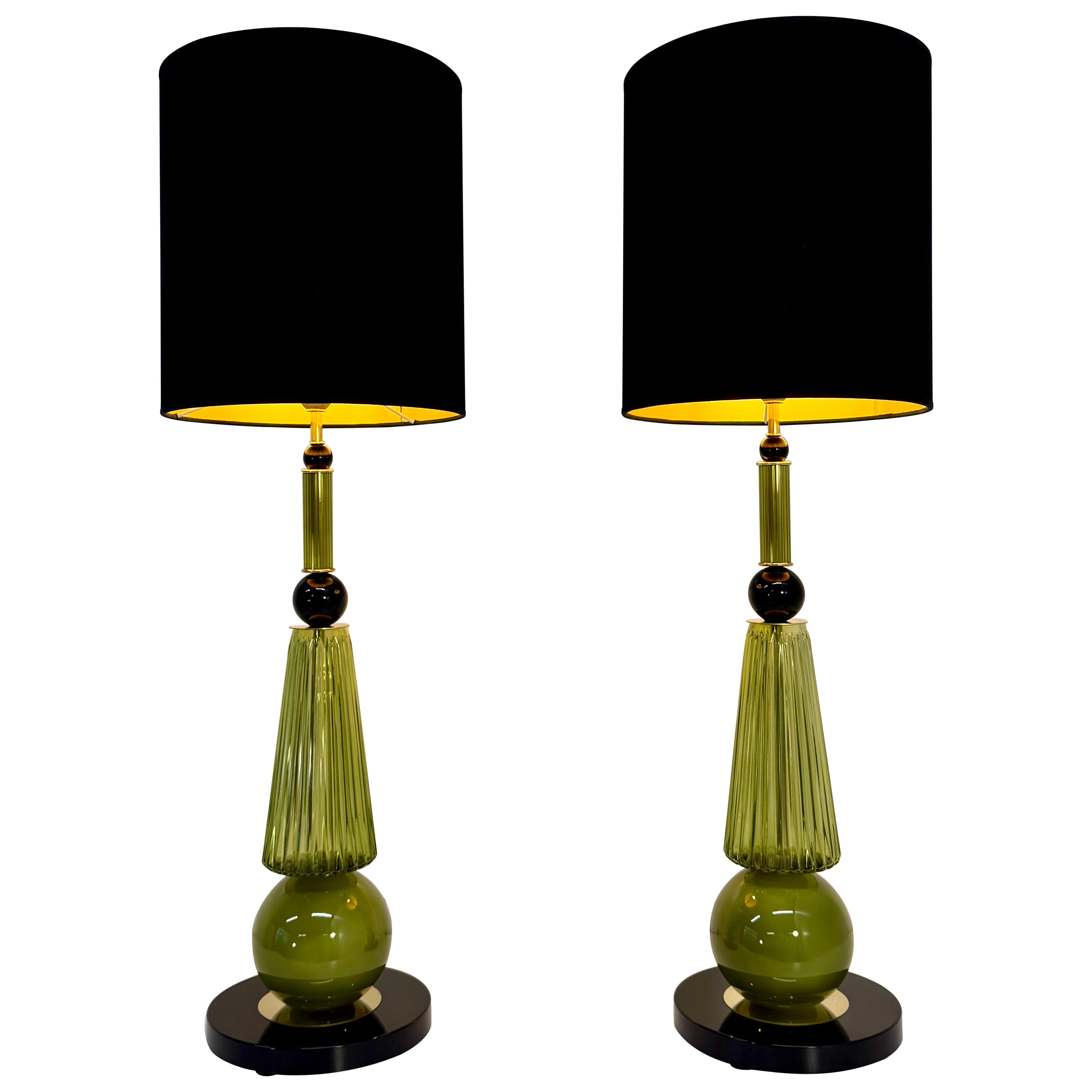 Paire de lampes de table en verre noir et vert Oliver, Murano, années 2000