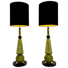 Murano Olive Green and Black Glass Table Lamps, Pair, 2000s