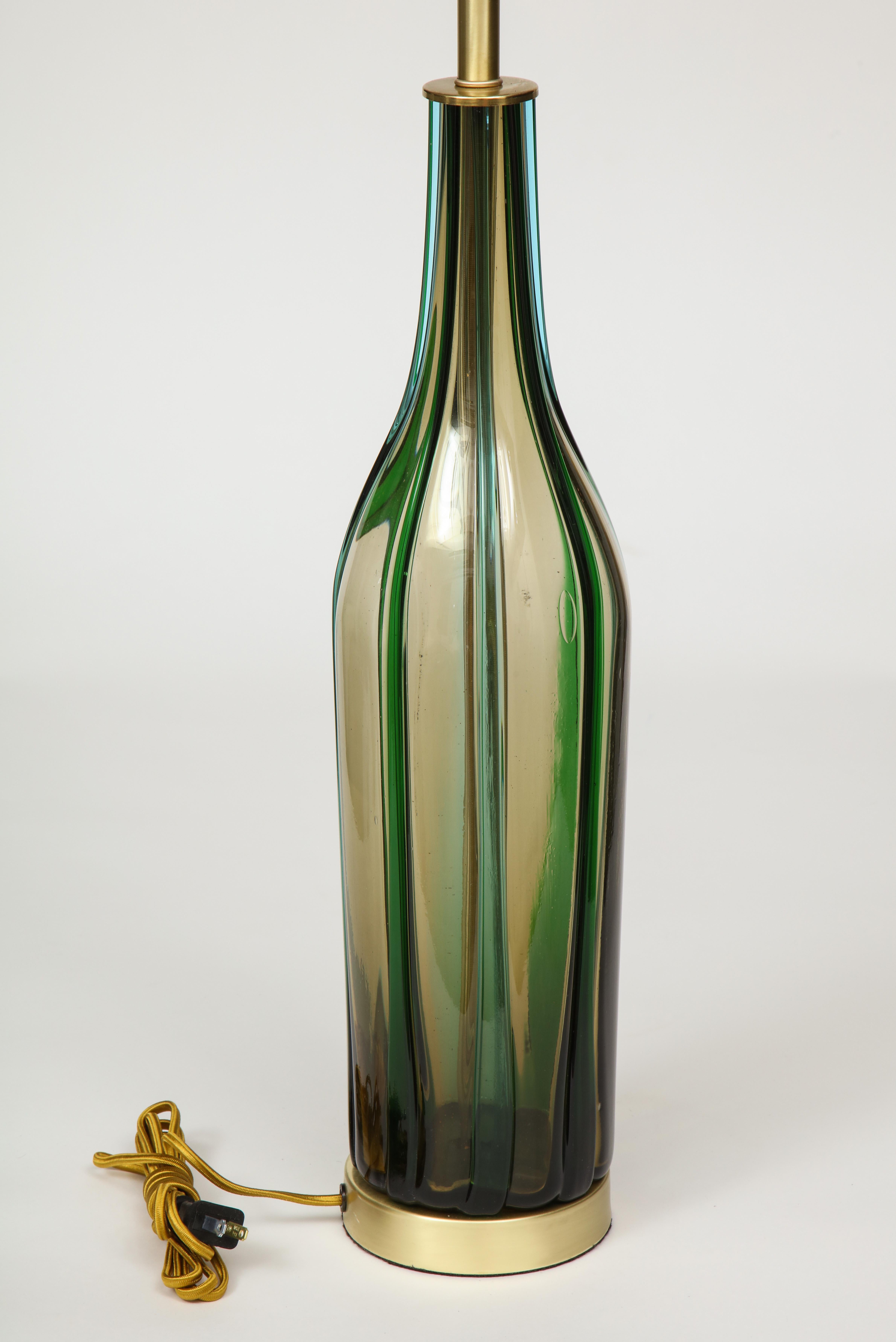 Italian Murano Olive Green, Vertical Striped Glass Lamps