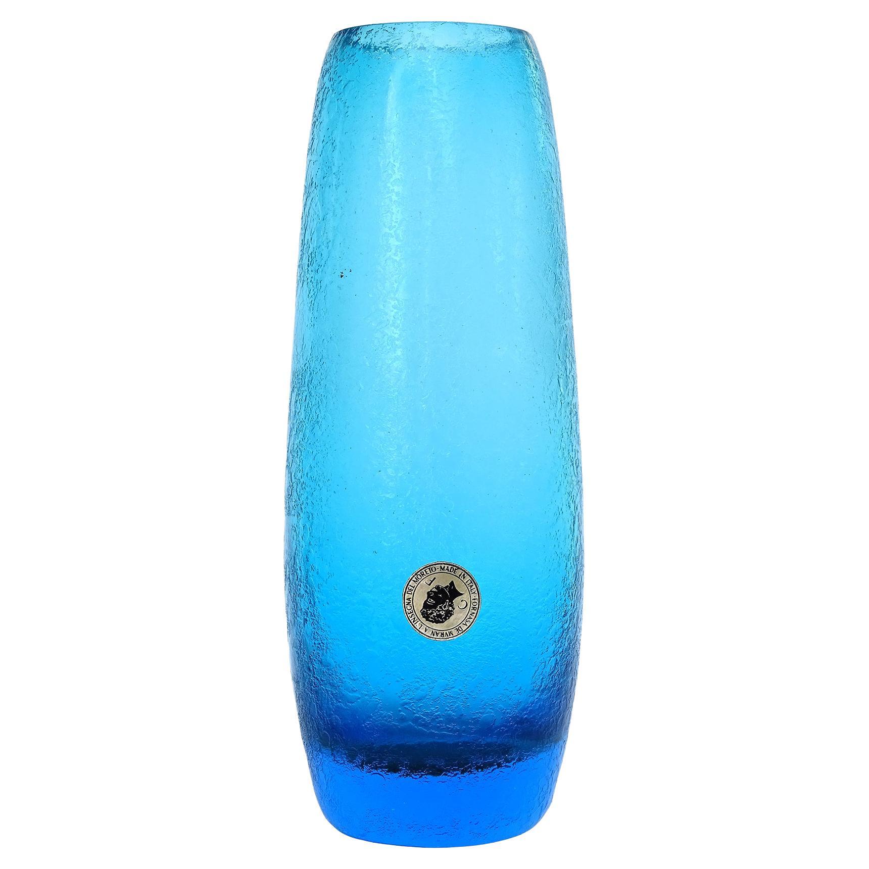 Murano Ombre Fade Cobalt Blue Corroso Surface Italian Art Glass Flower Vase