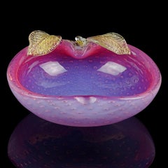 Murano Opal Pink Bubbles Gold Flecks Italian Art Glass Apple Fruit Dish Bowl
