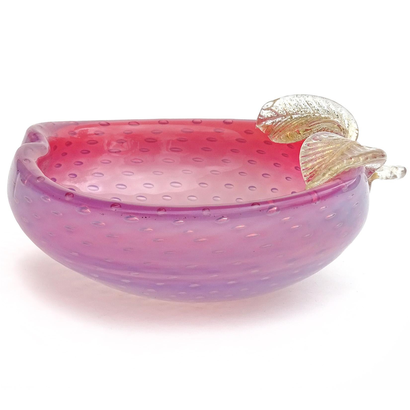 Hand-Crafted Murano Opal Pink Bubbles Gold Flecks Italian Art Glass Apple Fruit Dish Bowl