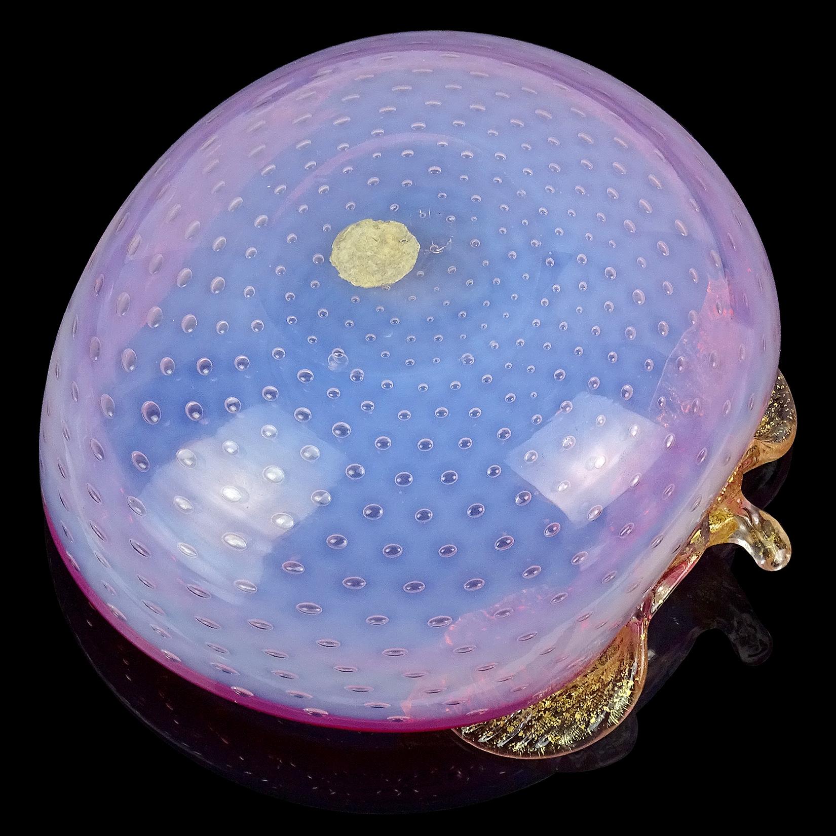 Murano Opal Pink Bubbles Gold Flecks Italian Art Glass Apple Fruit Dish Bowl In Good Condition In Kissimmee, FL