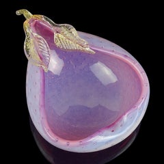 Murano Opal Pink Bullicante Gold Flecks Italian Art Glass Pear Ring Dish Bowl