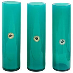 Murano Opal Teal Blue Italian Art Glass Round Cylinder Flower Vase with Label