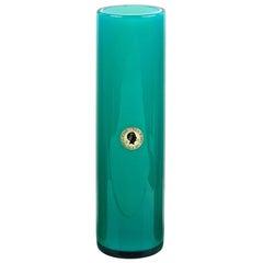 Murano Opal Teal Blue Italian Art Glass Round Cylinder Flower Vase with Label