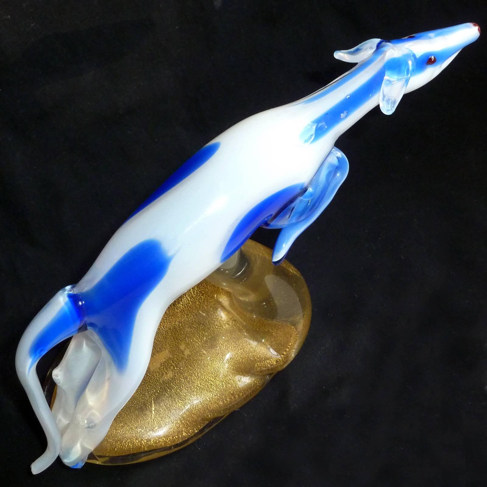 Art Deco Murano Opal White Blue Gold Italian Art Glass Whippet Greyhound Dog Sculpture For Sale